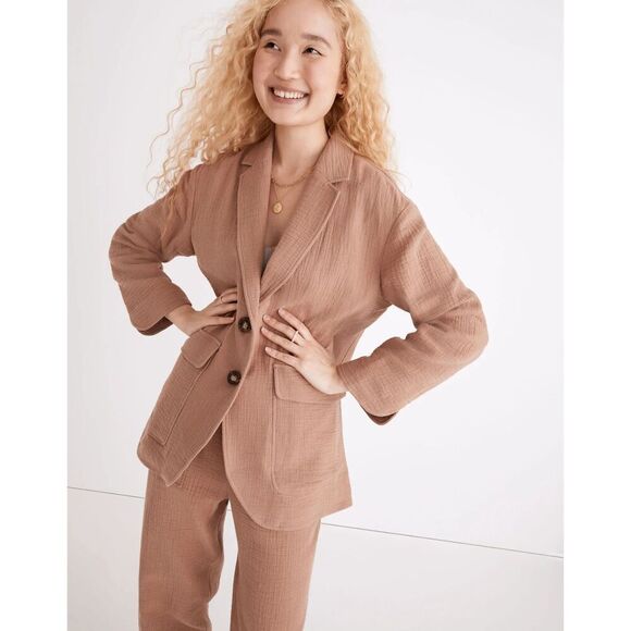 MADEWELL Women's Brown Gauzy Cotton Linen Relaxed Oversize Larsen Blazer Size XS - Picture 2 of 12